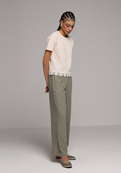 Image de Pantalon Vert Wide Leg High Rise En Uni Regular Fit Femme