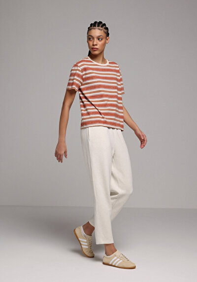 Afficher les détails de T-shirt À Manches Courtes Marron Regular Fit Rayé Femme