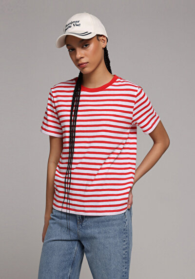 Image de T-shirt À Manches Courtes Rouge Regular Fit Rayé Femme