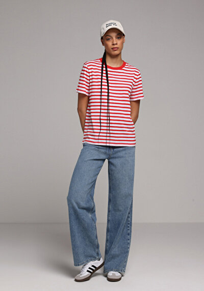 Image de T-shirt À Manches Courtes Rouge Regular Fit Rayé Femme