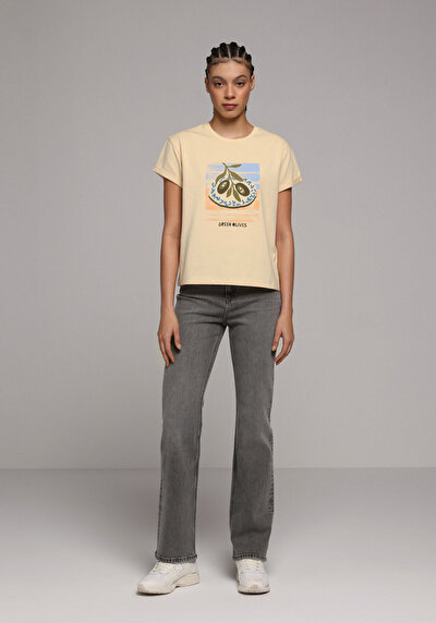 Afficher les détails de T-shirt À Manches Courtes Jaune Regular Fit Imprimé Femme
