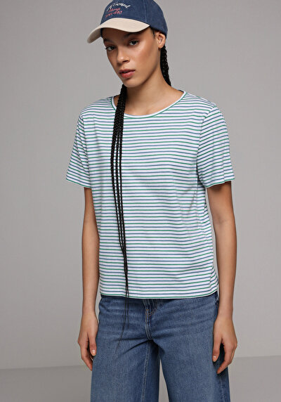 Image de T-shirt À Manches Courtes Vert Regular Fit Rayé Femme