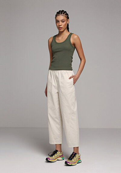 Image de Pantalon Ecru Wide Leg High Rise En Sergé Regular Fit Femme