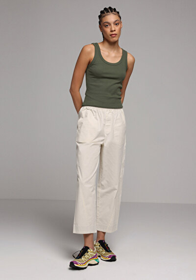 Image de Pantalon Ecru Wide Leg High Rise En Sergé Regular Fit Femme