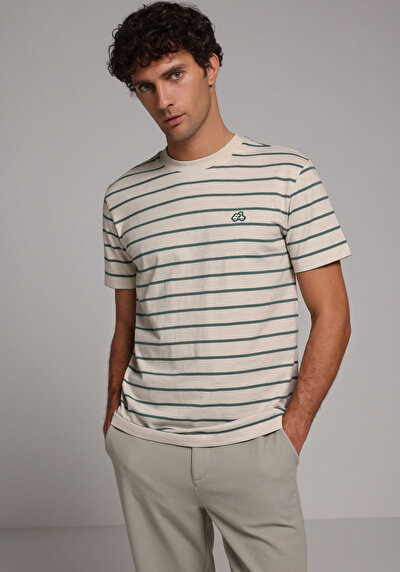 Image de T-shirt À Manches Courtes Beige Regular Fit Rayé Homme