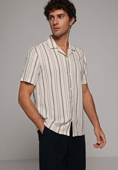 Image de Chemise À Manches Courtes Ecru Rayé Regular Fit Homme