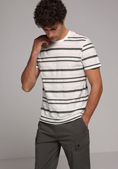 Image de T-shirt À Manches Courtes Blanc Regular Fit Rayé Homme