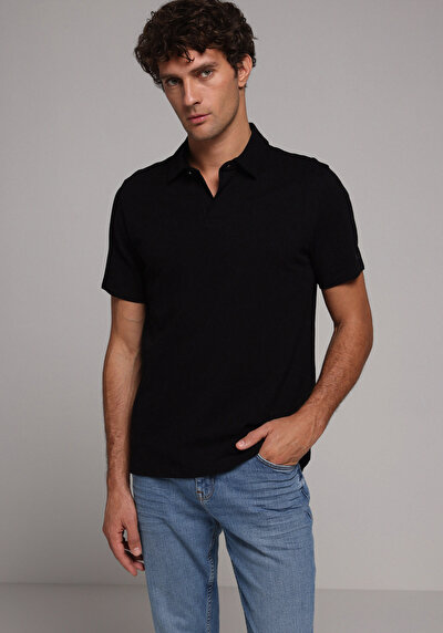 Image de T-shirt Polo À Manches Courtes Noir Droit Regular Fit Homme