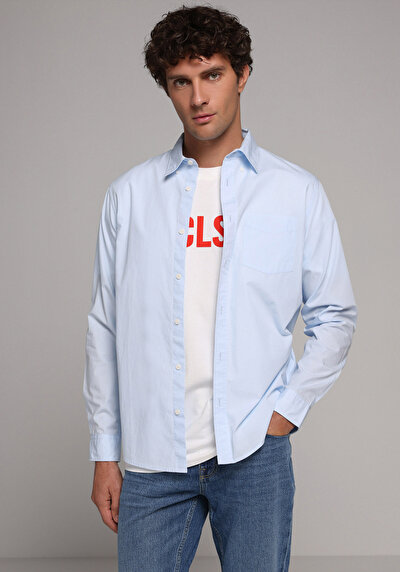 Image de Chemise À Manches Longues Bleu Regular Fit Droit Popeline Homme