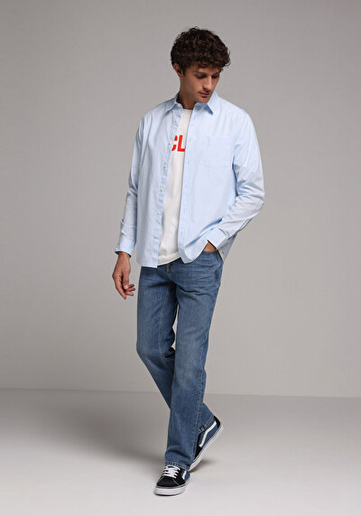 Image de Chemise À Manches Longues Bleu Regular Fit Droit Popeline Homme