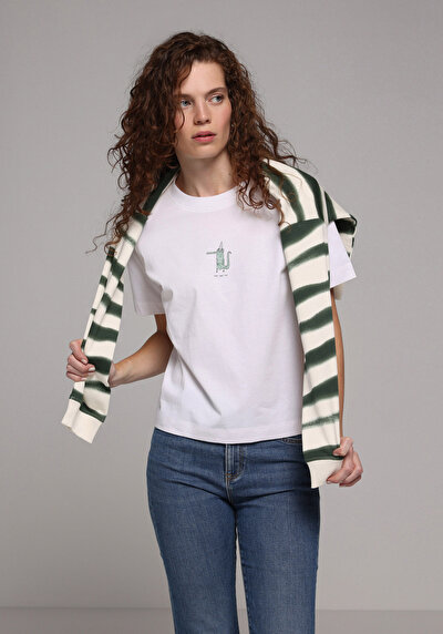 Image de T-shirt À Manches Courtes Blanc Boxy Fit Imprimé Femme