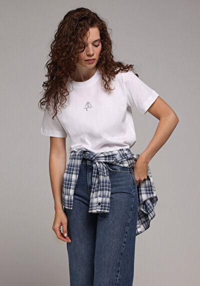 Image de T-shirt À Manches Courtes Blanc Boxy Fit Imprimé Femme