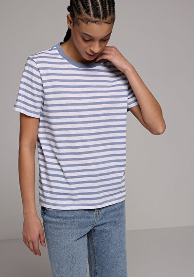 Image de T-shirt À Manches Courtes Bleu Regular Fit Rayé Femme