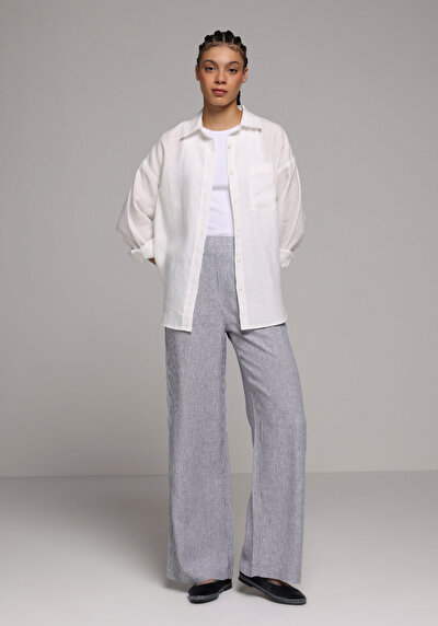 Afficher les détails de Pantalon Bleu Wide Leg Low Rise En Uni Regular Fit Femme