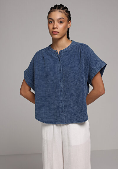 Afficher les détails de Chemise À Manches Courtes Bleu Droit Fashion Fit Femme
