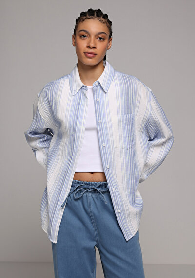 Afficher les détails de Chemise À Manches Longues Bleu Oversize Rayé Mousseline Femme