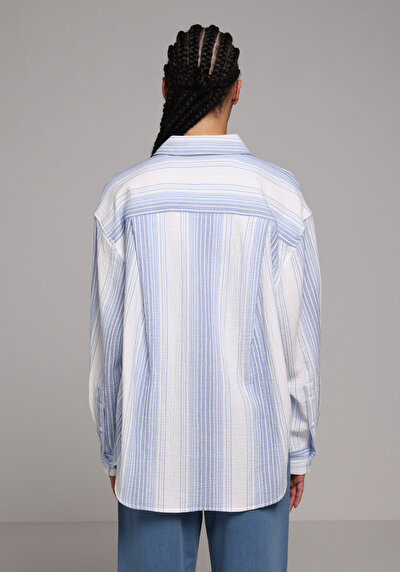 Afficher les détails de Chemise À Manches Longues Bleu Oversize Rayé Mousseline Femme