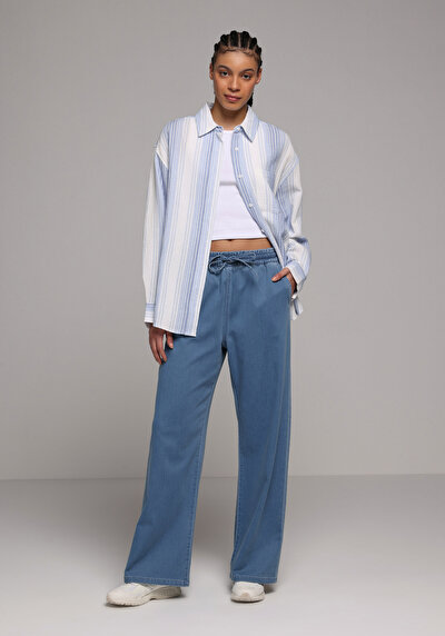 Afficher les détails de Chemise À Manches Longues Bleu Oversize Rayé Mousseline Femme