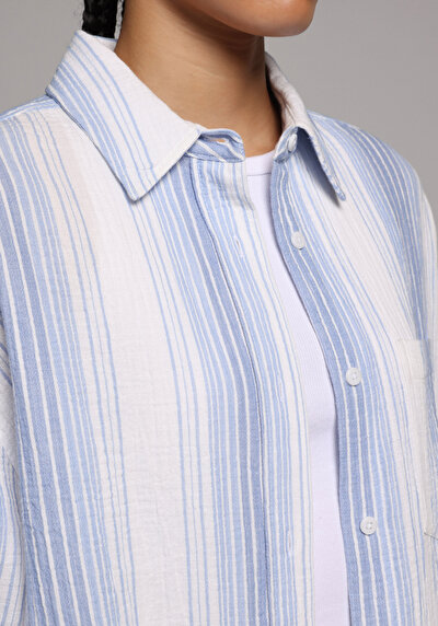 Afficher les détails de Chemise À Manches Longues Bleu Oversize Rayé Mousseline Femme