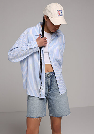 Image de Chemise À Manches Longues Bleu X Boyfriend Fit Rayé Uni Femme