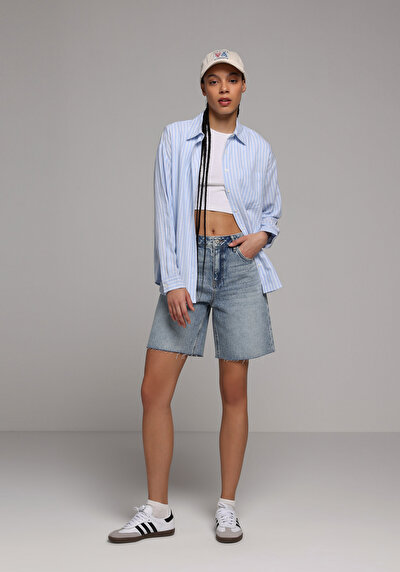 Image de Chemise À Manches Longues Bleu X Boyfriend Fit Rayé Uni Femme