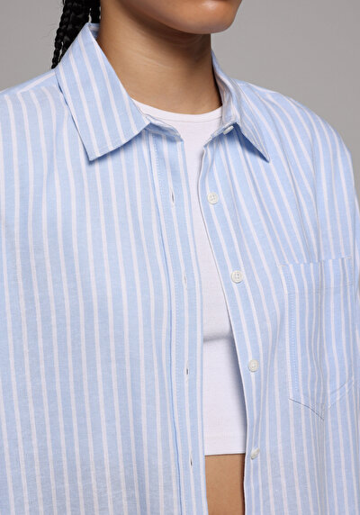 Image de Chemise À Manches Longues Bleu X Boyfriend Fit Rayé Uni Femme
