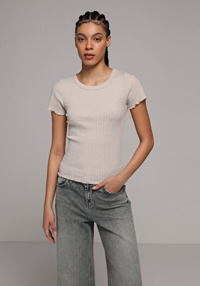 Image de T-shirt À Manches Courtes Beige Slim Fit Droit Femme