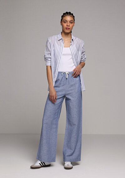 Image de Pantalon Bleu Wide Leg High Rise En Uni Regular Fit Femme