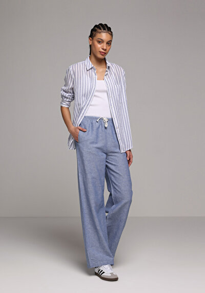 Image de Pantalon Bleu Wide Leg High Rise En Uni Regular Fit Femme