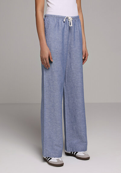 Afficher les détails de Pantalon Bleu Wide Leg High Rise En Uni Regular Fit Femme