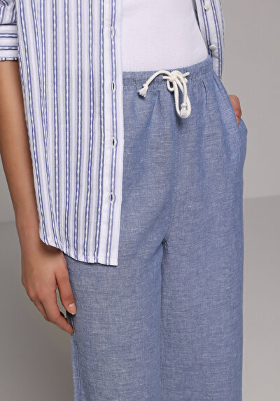 Afficher les détails de Pantalon Bleu Wide Leg High Rise En Uni Regular Fit Femme