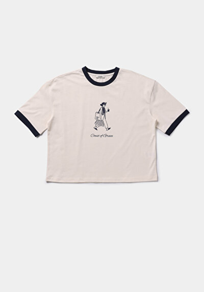 Image de T-shirt À Manches Courtes Ecru Regular Fit Imprimé Femme