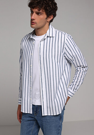 Afficher les détails de Chemise À Manches Longues Bleu Regular Fit Rayé Sergé Homme