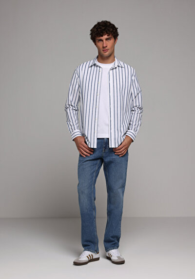 Afficher les détails de Chemise À Manches Longues Bleu Regular Fit Rayé Sergé Homme
