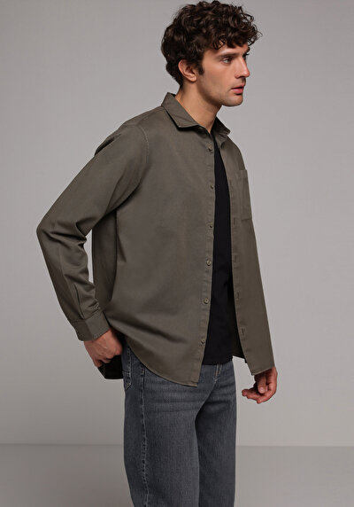 Image de Chemise À Manches Longues Kaki Relaxed Fit Droit Sergé Homme
