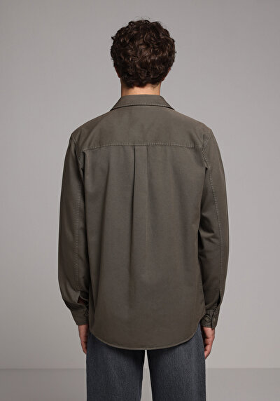 Image de Chemise À Manches Longues Kaki Relaxed Fit Droit Sergé Homme