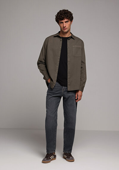 Image de Chemise À Manches Longues Kaki Relaxed Fit Droit Sergé Homme