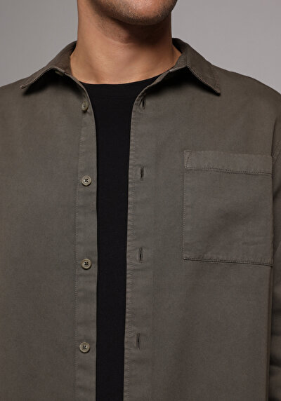 Image de Chemise À Manches Longues Kaki Relaxed Fit Droit Sergé Homme