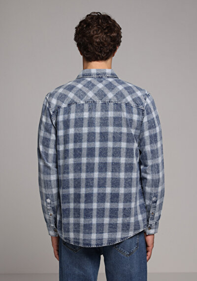 Afficher les détails de Chemise À Manches Longues Bleu Regular Fit Plaid Sergé Homme