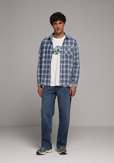 Image de Chemise À Manches Longues Bleu Regular Fit Plaid Sergé Homme
