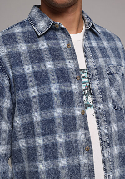 Afficher les détails de Chemise À Manches Longues Bleu Regular Fit Plaid Sergé Homme
