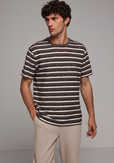 Image de T-shirt À Manches Courtes Marron Comfort Fit Rayé Homme