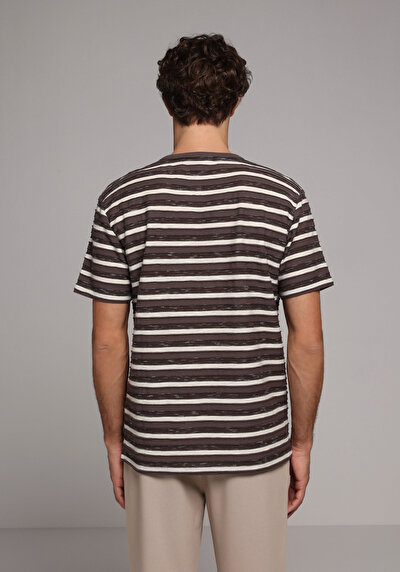 Image de T-shirt À Manches Courtes Marron Comfort Fit Rayé Homme