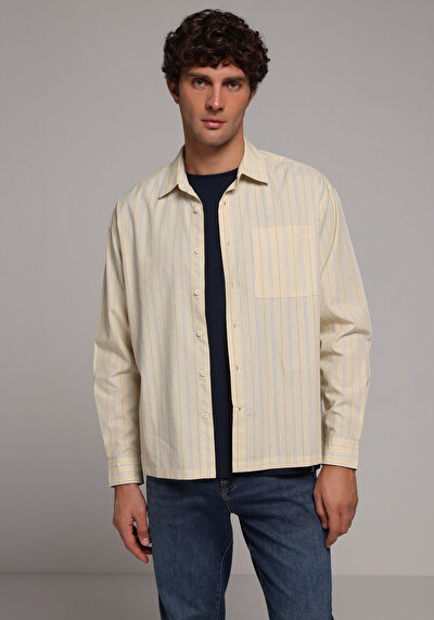 Afficher les détails de Chemise À Manches Longues Jaune Boxy Fit Rayé Ratière Homme