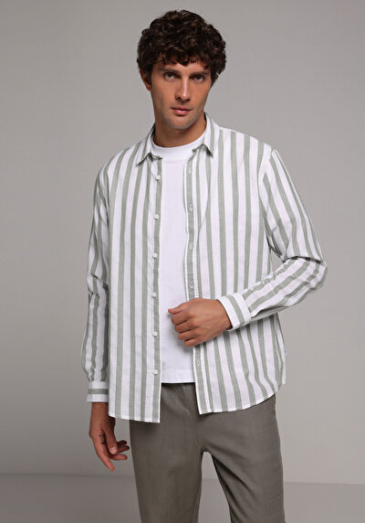 Image de Chemise À Manches Longues Vert Regular Fit Rayé Ratière Homme
