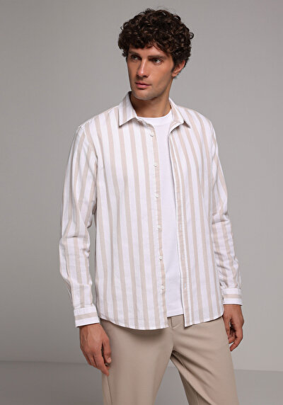 Image de Chemise À Manches Longues Beige Regular Fit Rayé Ratière Homme