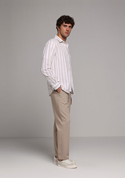 Image de Chemise À Manches Longues Beige Regular Fit Rayé Ratière Homme