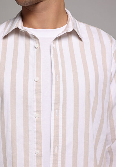 Image de Chemise À Manches Longues Beige Regular Fit Rayé Ratière Homme