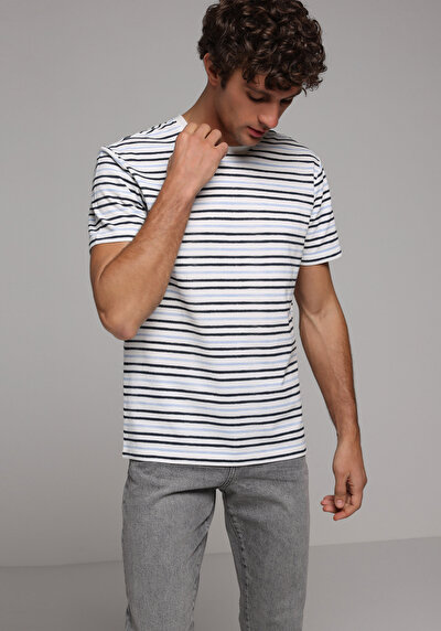 Image de T-shirt À Manches Courtes Bleu Regular Fit Rayé Homme