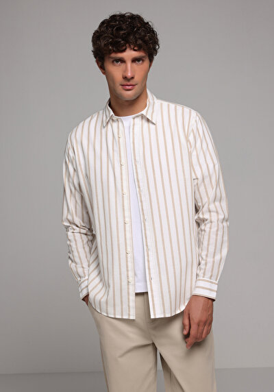 Afficher les détails de Chemise À Manches Longues Beige Regular Fit Rayé Sergé Homme